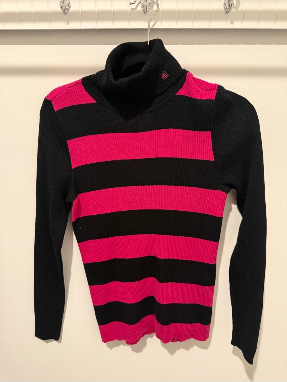 Lauren Ralph Lauren Black and Hot Pink Striped Turtleneck Sweater